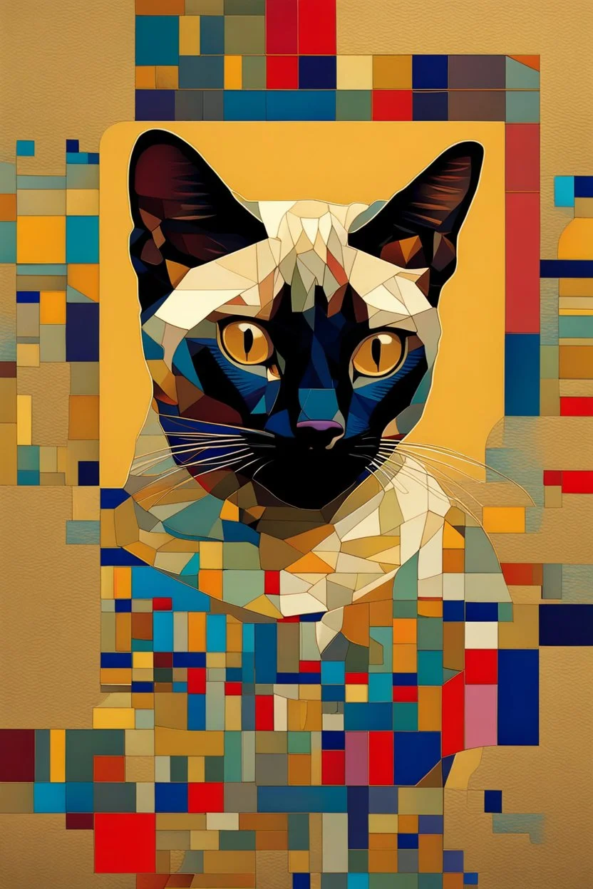 {A Siamese cat patchwork portrait by Klimt, Jennifer_lommers, Mondrian, van_Gogh, catrin_welz-stein, sachin_teng} [3d, hyperdetailed, intricate details, beautiful, polished finish] pop art, triadic colors, 8k, golden ratio, symmetrical, rule of thirds, geometric bauhaus