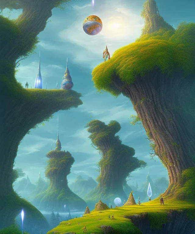 giant object with tiny people looking up at it , foreground, middle groun, far ground* Fantasy world landscape