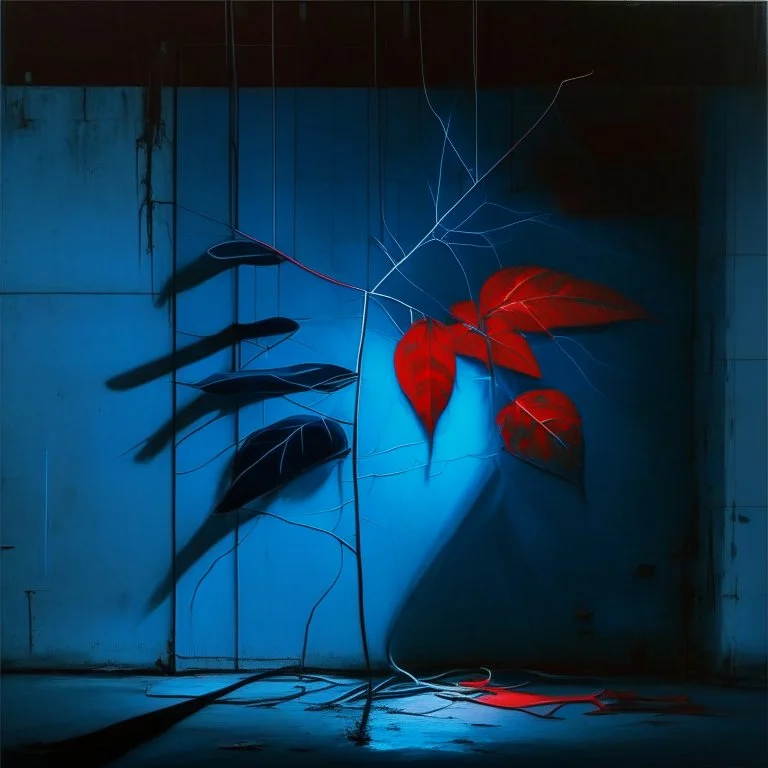 Minimal abstract oil painting of a neon large blue leaf plant in concrete warehouse brutalist architecture and hanging wires illuminated at night. With triadic red colours. In the style of Justin Mortimer and Phil Hale, Ashley Wood