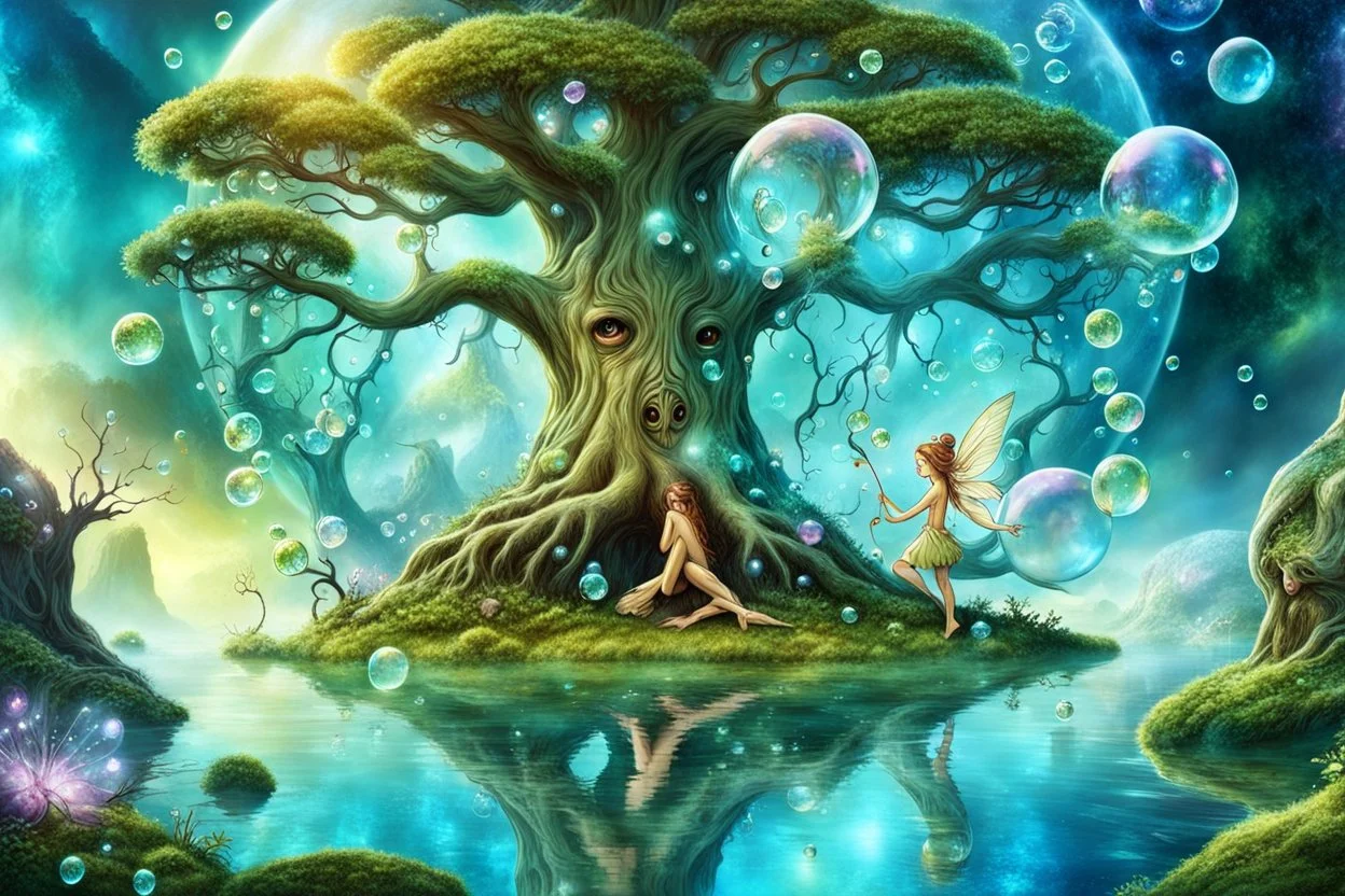 story book stunning fantasy picture of ancient Tree Ent, little Fairies around floating, shiny bubbles, nice european pale colors fairies, detalied, masterpiece,random background , epic, fantasy style, movie characters, fantasy atmosphere