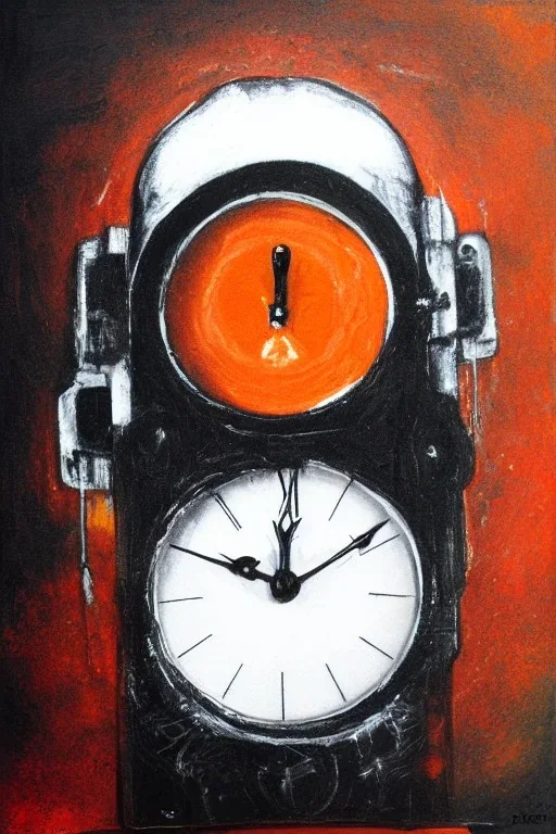 portrait, an orange with a clock embedded in its skin, AbstractTech clockpunk