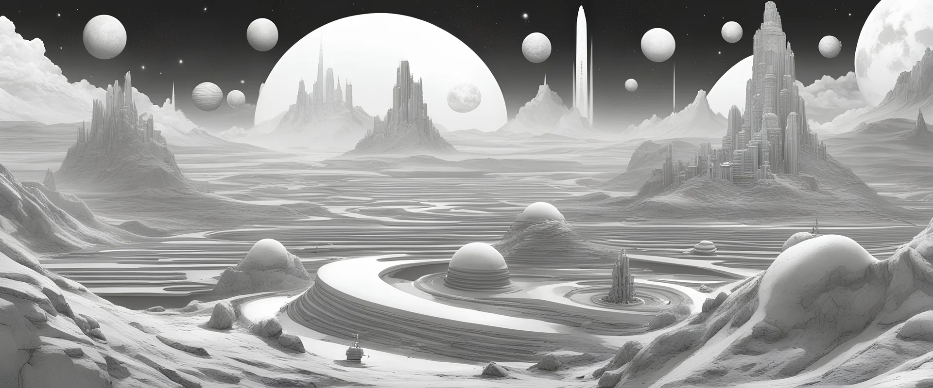 Ethnic and science fiction in a cosmic landscape , black e white