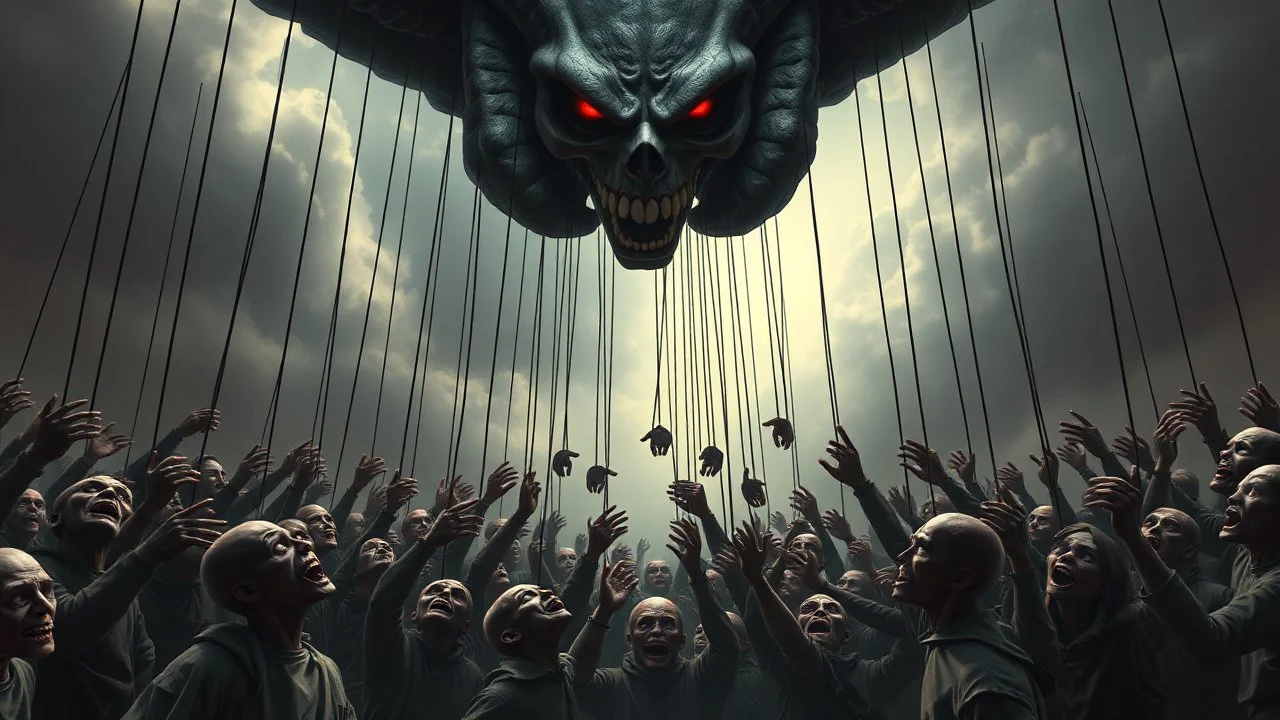 an evil government looms above, pulling the strings of hundreds of puppets below, the news broadcasts the puppets' suffering everywhere, dystopian, dread, horror