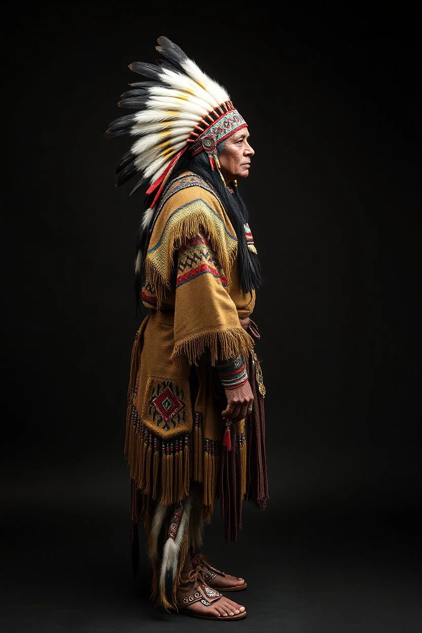 Traditional Native American , full body side view, looking at the viewer, studio photograph, very aesthetic, highly detailed, brilliant composition, hyper realistic, photorealistic, subsurface scattering matt painting