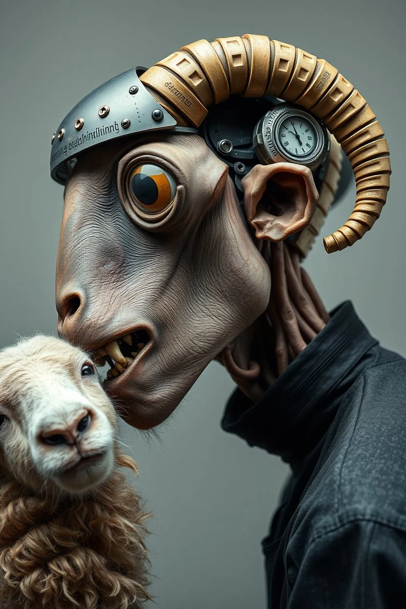 side profile, with heading (autofarm) in poster form,a portrait of a very very skinny head mechanic sheepman, man is eating a hybrid mixed body part sheep, giant eyes sheep alien style H.R giger look. as one headed mouth open, rough teeth, turn head, yummy yummy