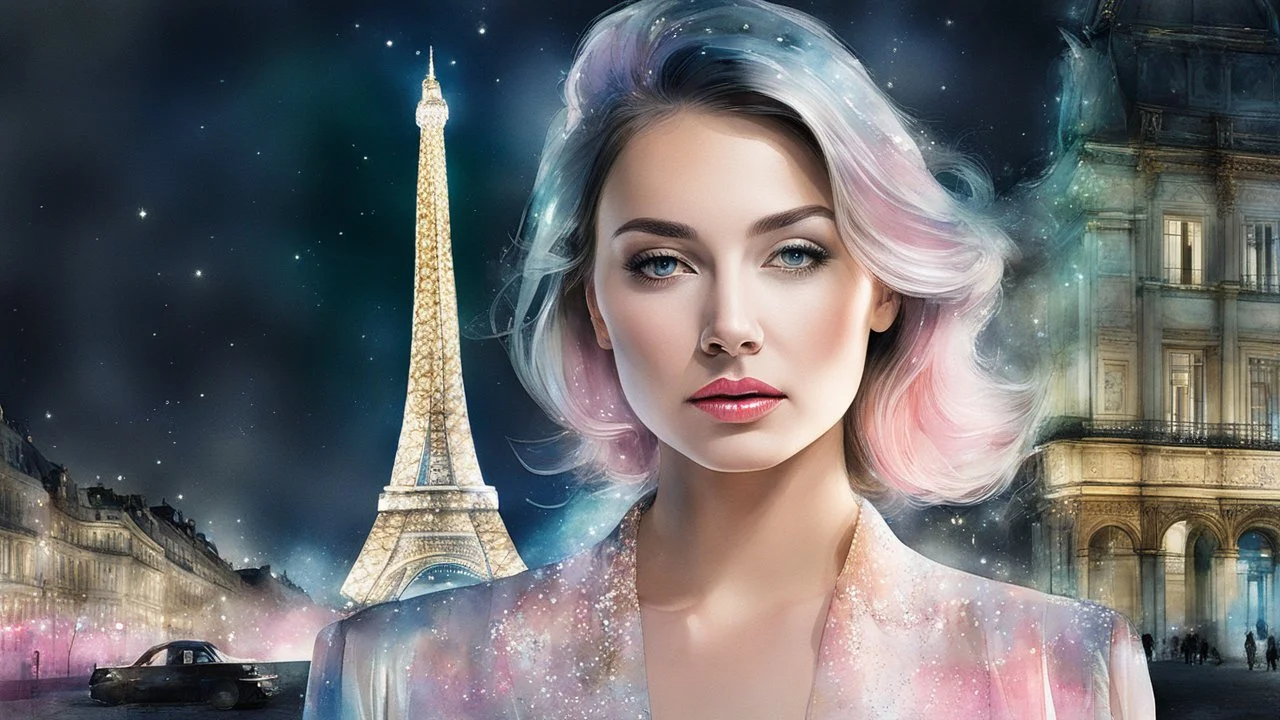 woman, Paris, night, watercolor, glow, transparency, lumen, professional photo, 3d, 64k, high resolution, high detail, computer graphics, hyperrealism, f/16, 1/300 s. digital painting, double exposure, colors: white, silver, gold, gray, delicate pink, delicate green, blue, photorealistic painting, tenderness, torn edges, cracks,