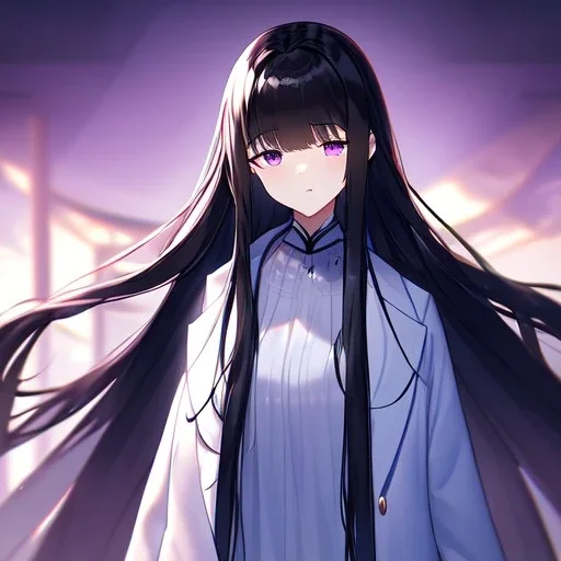 Clear focus,High resolution, Black long straight hair, Long bangs, and purple eyes, Looking down on you, wearing a lab coat