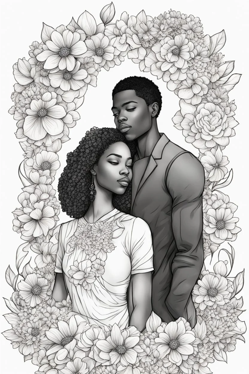 Create outline art of coloring page of a black couple surrounded by blossoming flowers symbolizing the growth and beauty of their love. white background, sketch style, half of body, only use outlines, Mandala style, clean line art, white background no shadows and clear and well outlined.