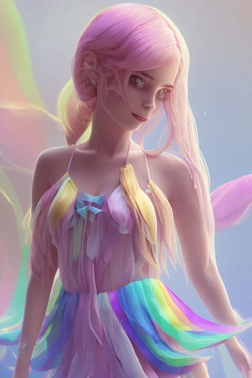 isometric clean art of super cute girl, soft lighting, soft pastel gradients, high definition, 3d icon clay render, blender 3d, beautiful, long hair, rainbow hair, rainbow dress, close up