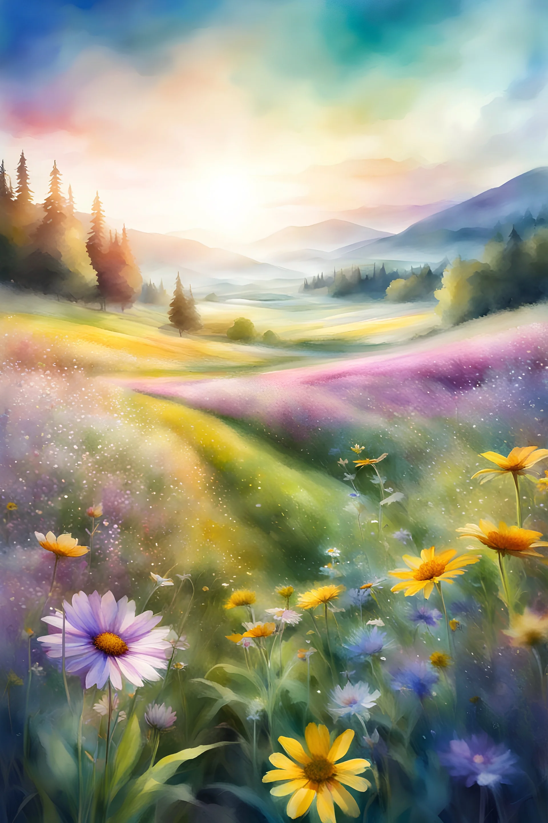 "Beautiful hippie long exposure Digital watercolor Illustration of a Beautiful hippie, an field of wild flowers, Stylized watercolor art, Intricate, 3D, HDR, Sharp, soft Cinematic Volumetric lighting, pastel colours, perfect wide long shot visual masterpiece"