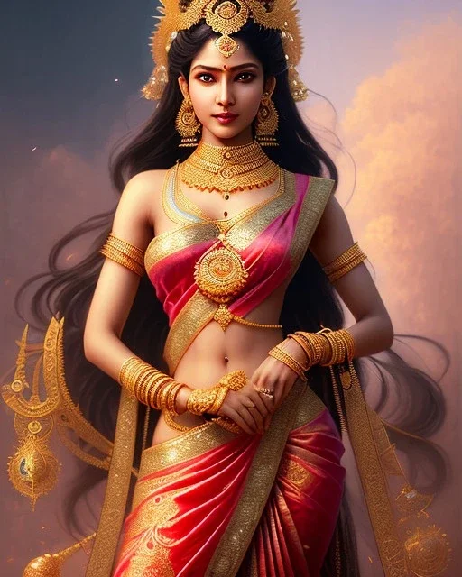 Detailed hot indian goddess, intricate details, full body portrait, keep head in frame, slight, black Japanese motif, concept art, highly detailed, digital painting, concept art, sharp focus, illustration, art by Yoji Shinkawa, WLOP and greg rutkowski and alphonse mucha and artgerm and yanjun Chen and Junji ito and Makoto Shinkai, HDR, octane render