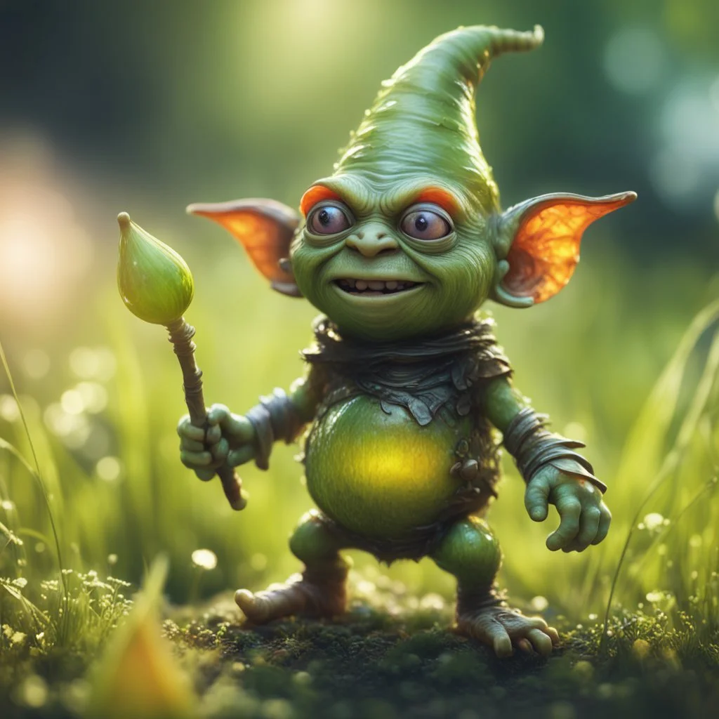 electric mummy pimple snail gremlin t-pose upper body of gnome goblin orc made from tinted murano glass in long grass inspecting a melon ,bokeh like f/0.8, tilt-shift lens 8k, high detail, smooth render, down-light, unreal engine,bokeh like f/0.8, tilt-shift lens 8k, high detail, smooth render, down-light, unreal engine