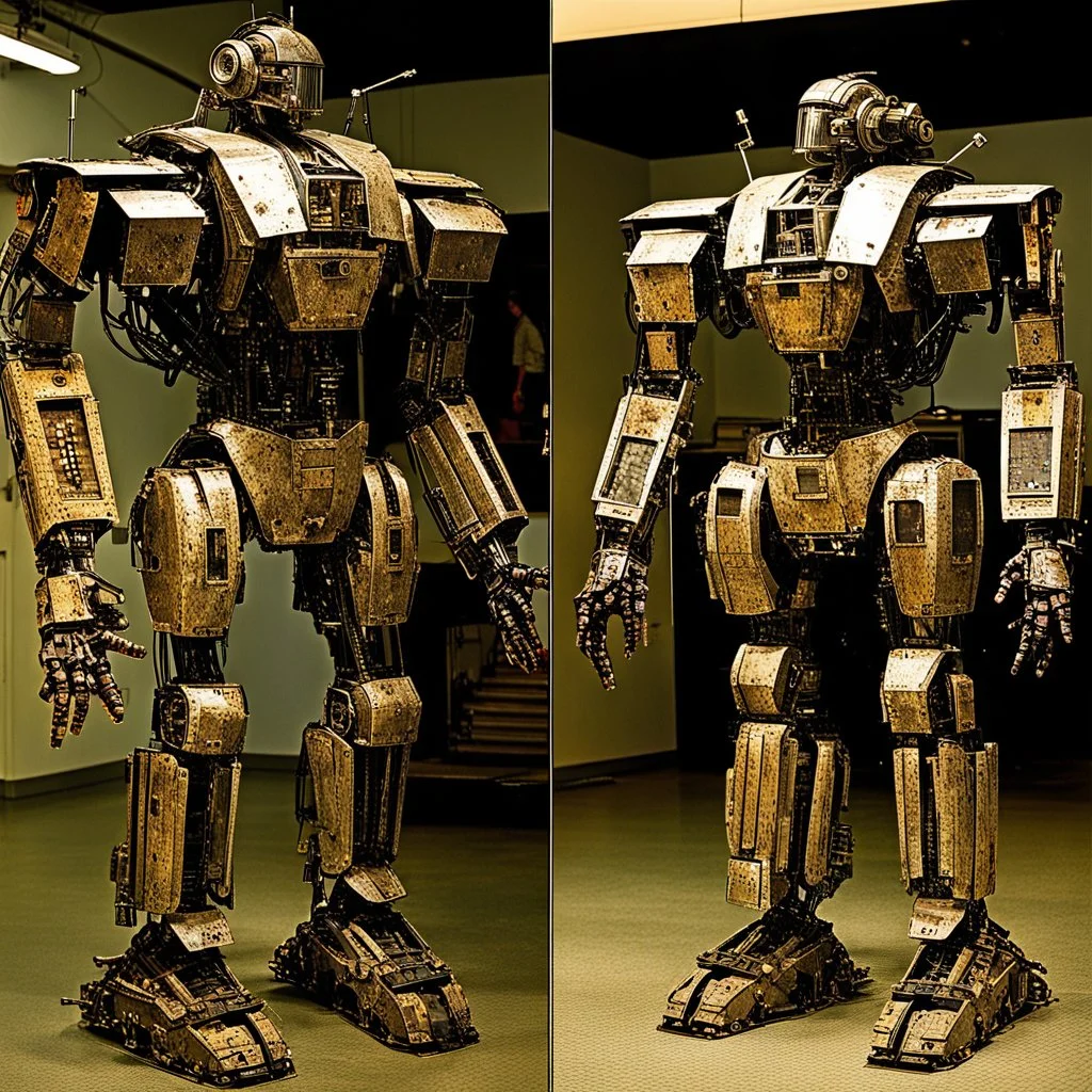 trash mech suit, human-sized, made of scrap metal, small,