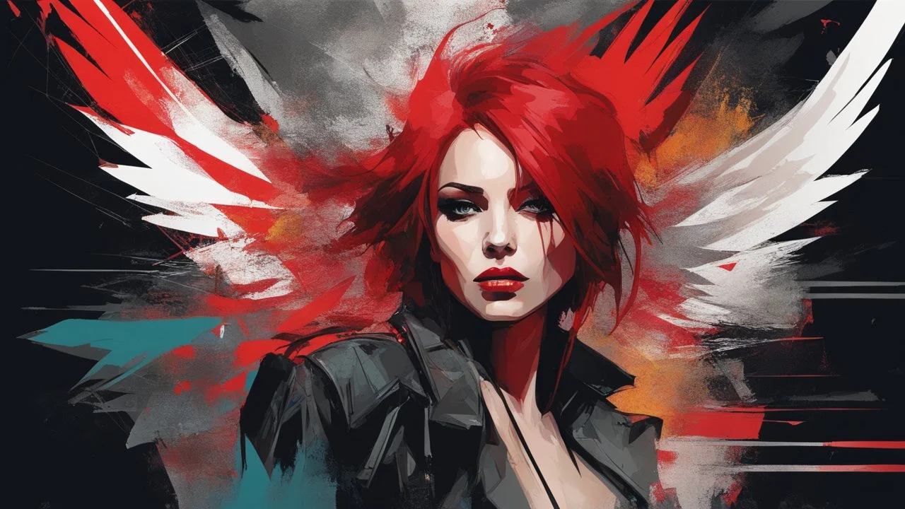 aesthetic, painterly style, modern ink, jinx hot, red hair, neon , wings, sensual, sultry, dark blouse, expressive pose, urbanpunk, abstract texture multilayer background, neo-expressionist , Russ Mills, Ian Miller