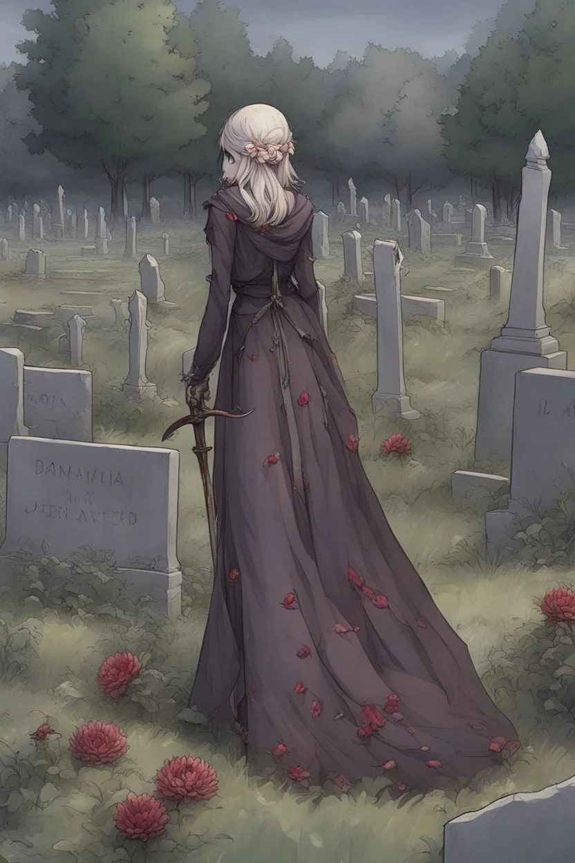 Dahlia arrived with her scythe at the cemetery, told the taxi driver to wait, and went to find her target. Azazel was waiting for her, at the very end of the cemetery. Dahlia had not seen Azazel for long, maybe two or three centuries, but she remembered how perverted and violent he could be. She ensured her grasp on her scythe, and started to walk to him, step after step. Dahlia wondered how many hellhounds he could have with him.