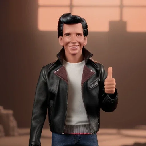 Wide view Young Fonz with black hair greaser figure doll 1977 (thumbs-up) (face) Forehead grin, fonzarelli, ((arnold's drive-in)) fonzie with henry winkler's face