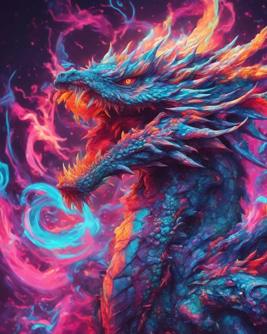 Close up shot, Dragon in a vibrant synthwave dreamscape, neon chaos swirling energetically around pixelated forms, a dynamic fusion of retro gaming nostalgia and futuristic abstraction