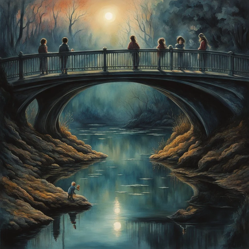 On bridge children look into surreal pond their reflections in the rippling water stretching their reflected features in macabre horrifying ways, dark horror surrealism, detailed watercolor, dynamic lighting, sharp colors, smooth perfect picture, concept art.