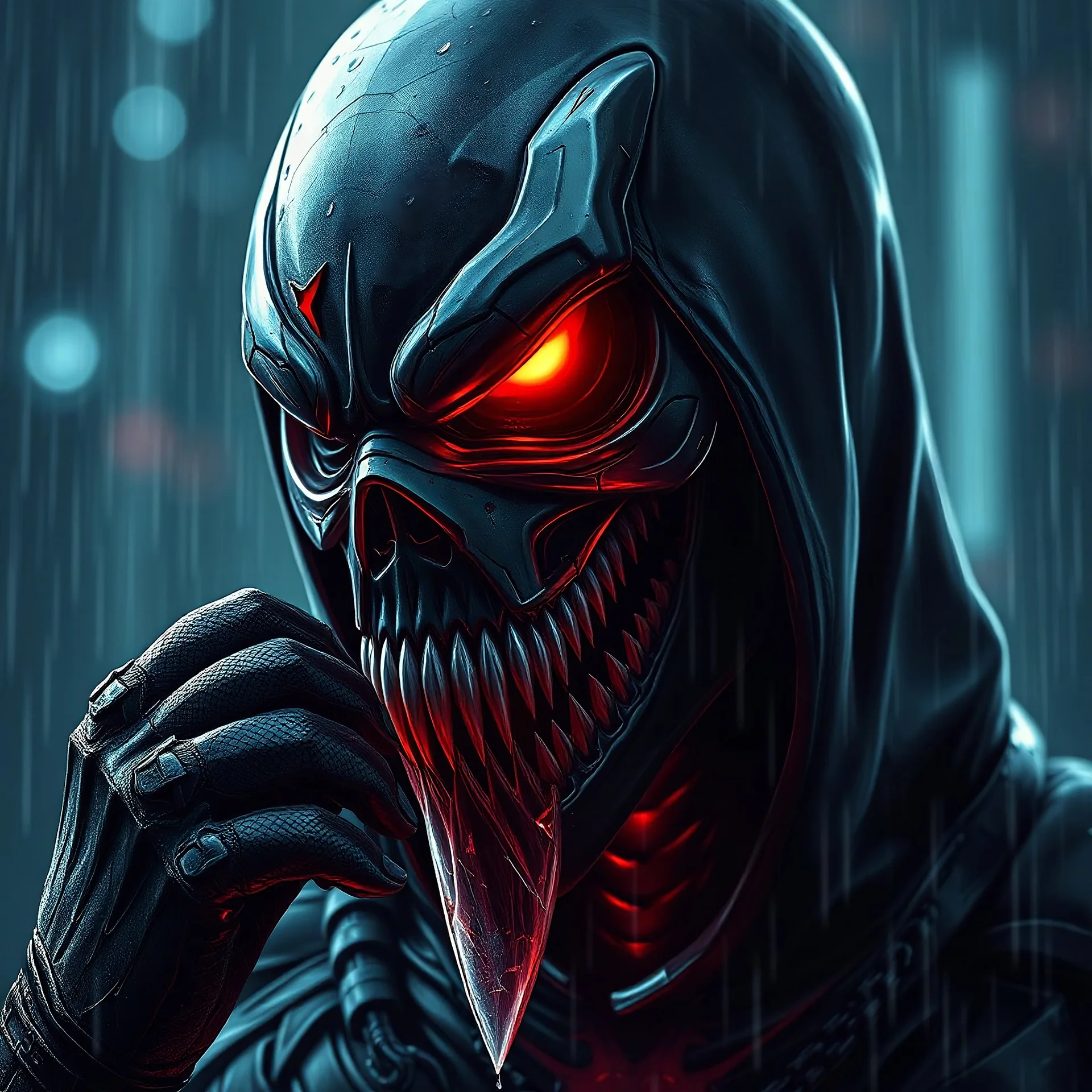 Reaper in 8k nier automata drawing style, venom them, cinematic mood, neon reflect, close picture, rain, highly detailed, high details, detailed portrait, masterpiece,ultra detailed, ultra quality