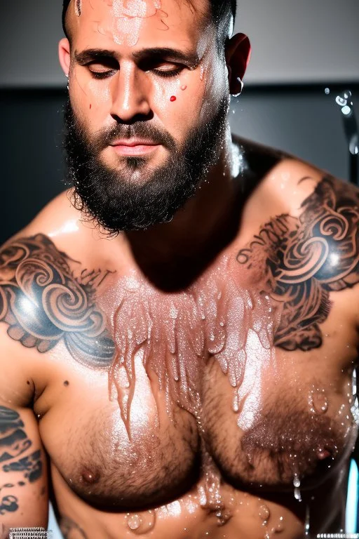 fullbody photography of two serious wet dirty muscular chubby sweaty 37 years old strong gypsy carpenters under open shower, kissing embraced , big bulge, manly chest, tattoo, dreadlocks, photorealistic, 32k, misery, poverty, angry eyes, low dim lights, profile view