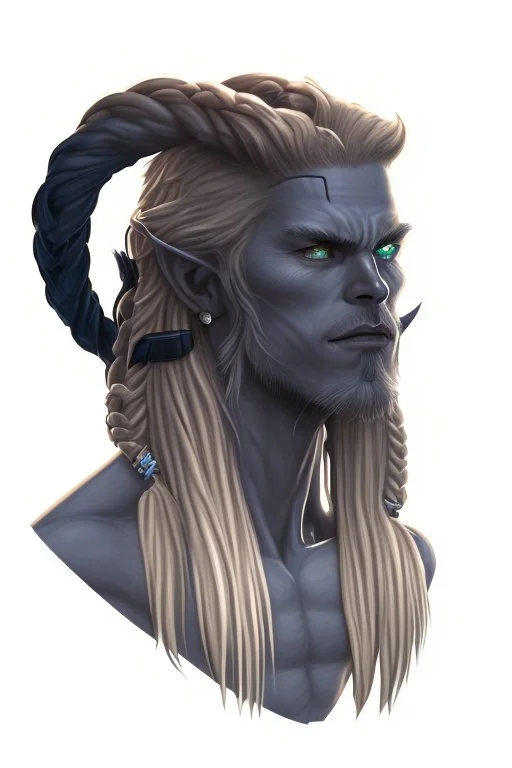A tieffelin with blue skin and white Dreadlock hair. His pupil-less eyes are green. He wears a small beard.
