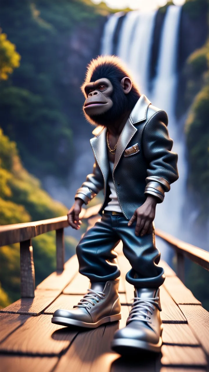 magazine cover, twisted hairy rock star alien gremlin gorilla rapper with silver boots as a pimp on wooden bridge going down heavens waterfall,bokeh like f/0.8, tilt-shift lens 8k, high detail, smooth render, down-light, unreal engine, prize winning