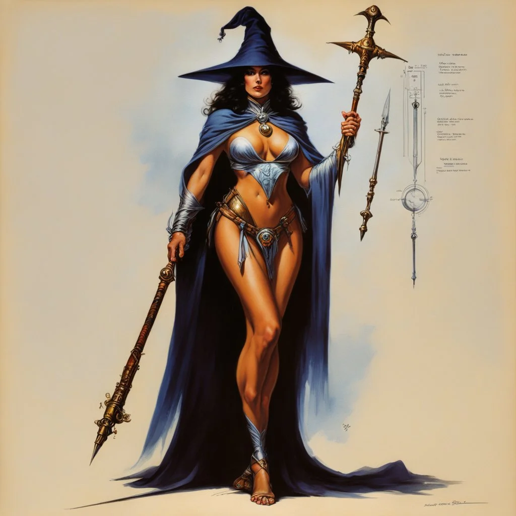 ConceptSheet [by Boris Vallejo]: woman wizard and her long rod with AD&D statistics