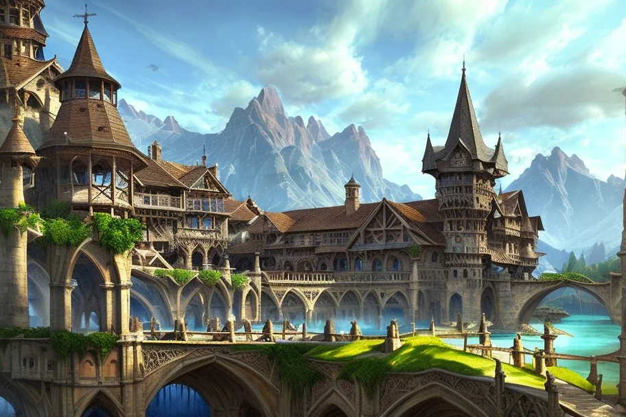 medieval buildings with balconies overhanging lake edge with blue sky and people, photorealism, fantastical, intricate detail, splash screen, concept art