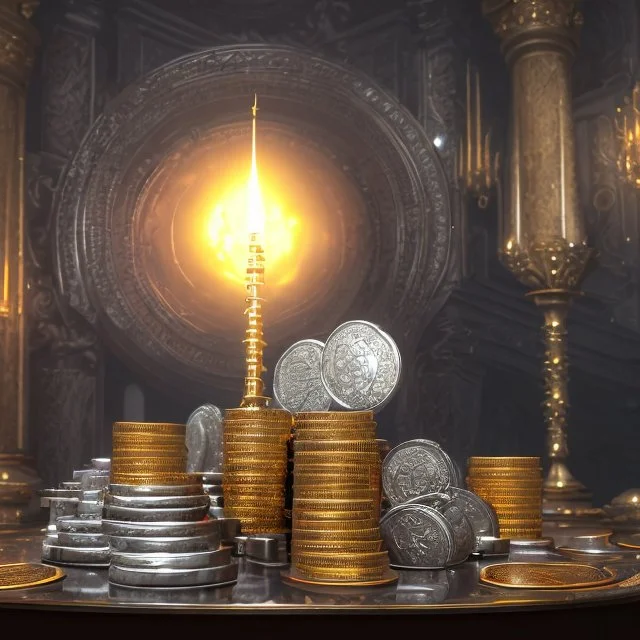 dynamic lighting, Intricately detailed, Splash screen art, deep color, Unreal Engine, volumetric lighting, silver coins, gold coins, silver treasure, stacked coins, indoors, study room, candle, altar, black table, sigil, shiny,