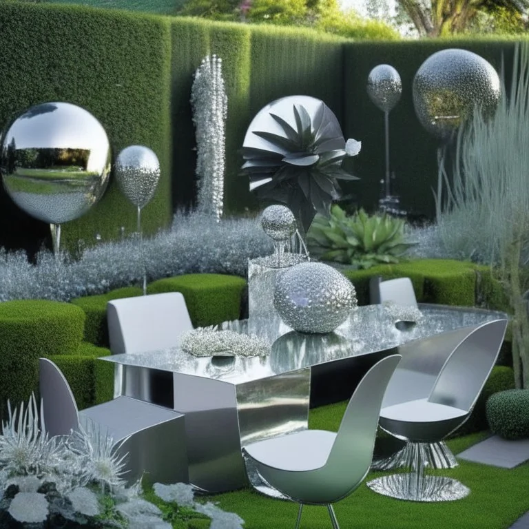 A picture of a modern garden with silver party decoration