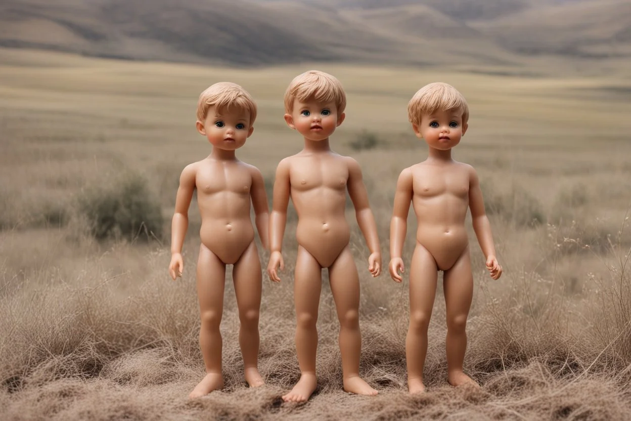 Plastic naked boy dolls that are located in the plains and hills. like oil painting