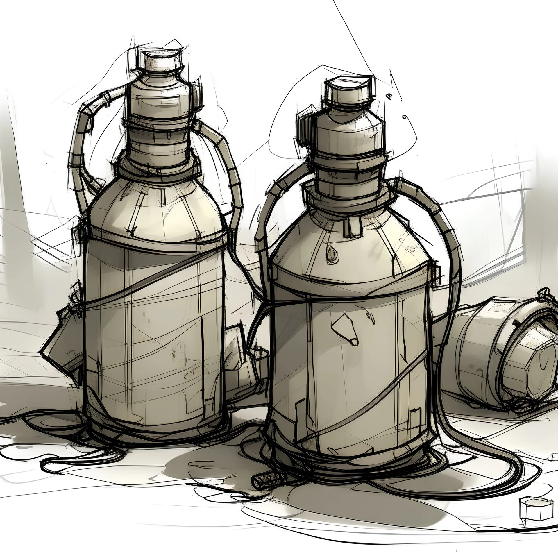 water canteen, post-apocalyptic, rough sketch