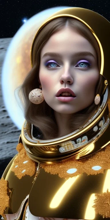 brown eyes, laugh, brunette sophie hennie cute young woman singing at saturns europa moon, golden jewelry, ice cold, winter, magnificent, majestic, highly intricate, incredibly detailed, ultra high resolution, complex 3d render,renaissance painting