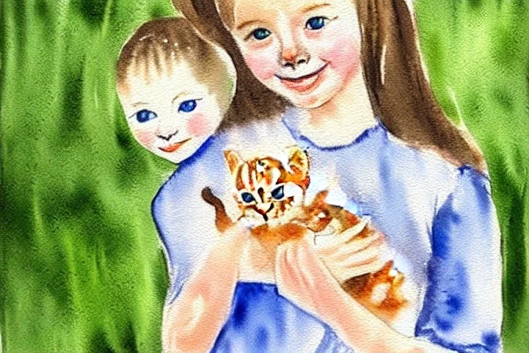 One cute smiling Norwegian girl is holding a kitten. Watercolour