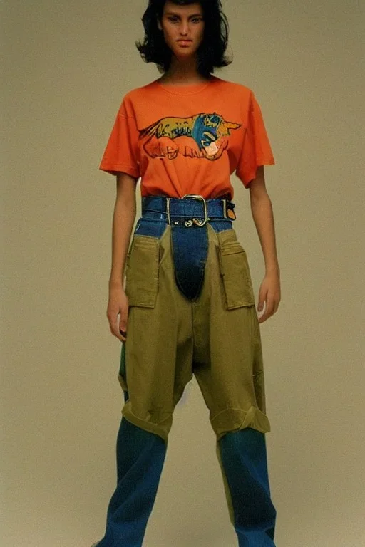 year 1998 denim fashion. Loose, baggy, low waist Combat pants and t-shirt. Colors: denim blue, blue, purple, cream, khaki, light green, lilac, plum, orange, terracotta, red, light yellow, lion yellow, pink, dark blue, beige. Lynx-pattern, lynx-print. wide belt. Partly latex or leather. Kylie Minogue, Tyra Banks. leg warmer. Cargo pants.