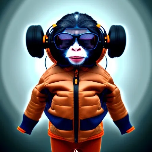 Monkey toddler, smile, steampunk headphone, sunglass, gangsta neckless, full body, orange puffer jacket, tokio background, dramatic lighting, hyper realistic, unreal engine 5, 16k