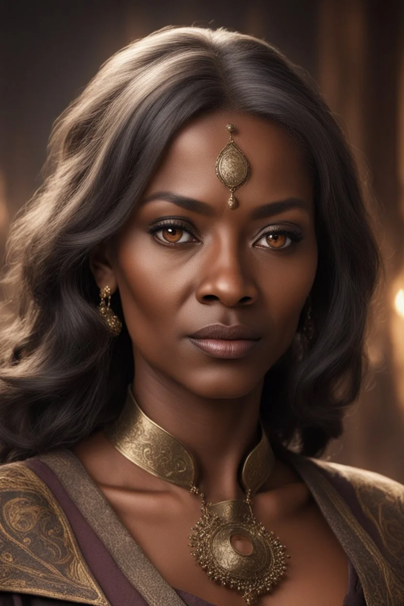 50-year-old sorceress, brown eyes and dark skin, salt and pepper hair, dressed in a diplomatic tunic, with a serious glance.