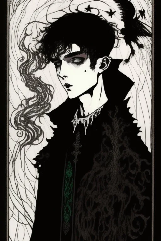 17 year old boy, necromancer, friendly, looks dead, surrounded by weird smoke with eyes, wearing black robes, in the style of Harry Clarke