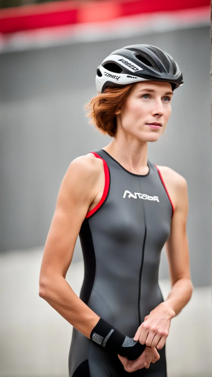 anorexic beautiful woman, age 24, total shot, short anthracite triathlon swimsuit, medium long wavy bob haircut, red hair, blurred concrete background