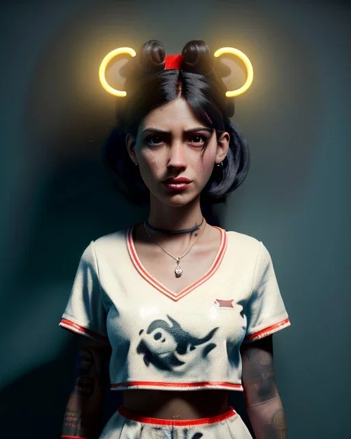 Waist up portrait, hybrid character, waitress British woman with classic muppet mask that covers her entire head and face, Sesame Street style, latex dress, short shirt, old school tattoo, hot, smooth, unreal engine 5, god lights, ray tracing, neon, RTX, lumen lighting, ultra detail, volumetric lighting, 3d.