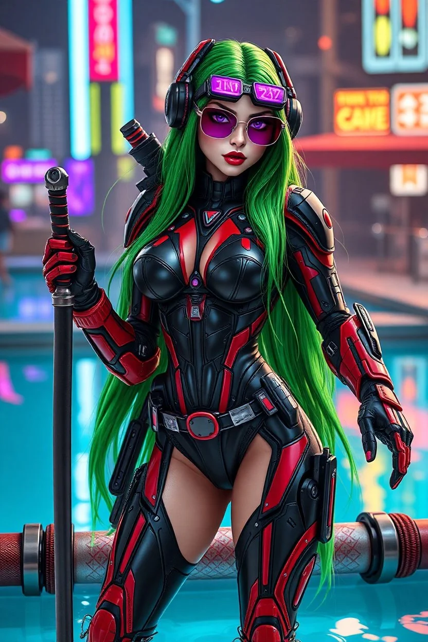 BEAUTIFUL WOMAN, TENSE, big purple eyes, big bubs, cute legs, GREEN long long haired, dressed with a MINI robotic BLACK and RED suit, warrior mode, cyberpunk style, TECHNO-SUNGLASSES, SWORDS, ON A POOL