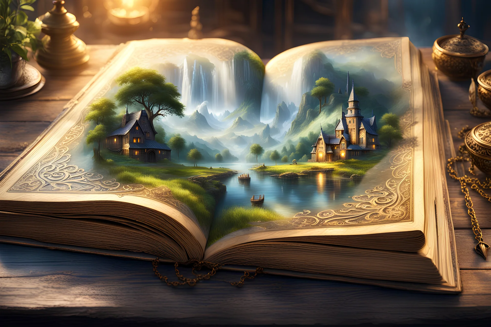 Centered, a beautiful old big book open on a wooden table, magical pictures on the pages of the book popping up and coming to life, detailed painting, deep color, fantastical, complementary colors, fantasy concept art, 8k resolution trending on Artstation Unreal Engine 5 ethereal fantasy hyper detailed mist Thomas Kinkade