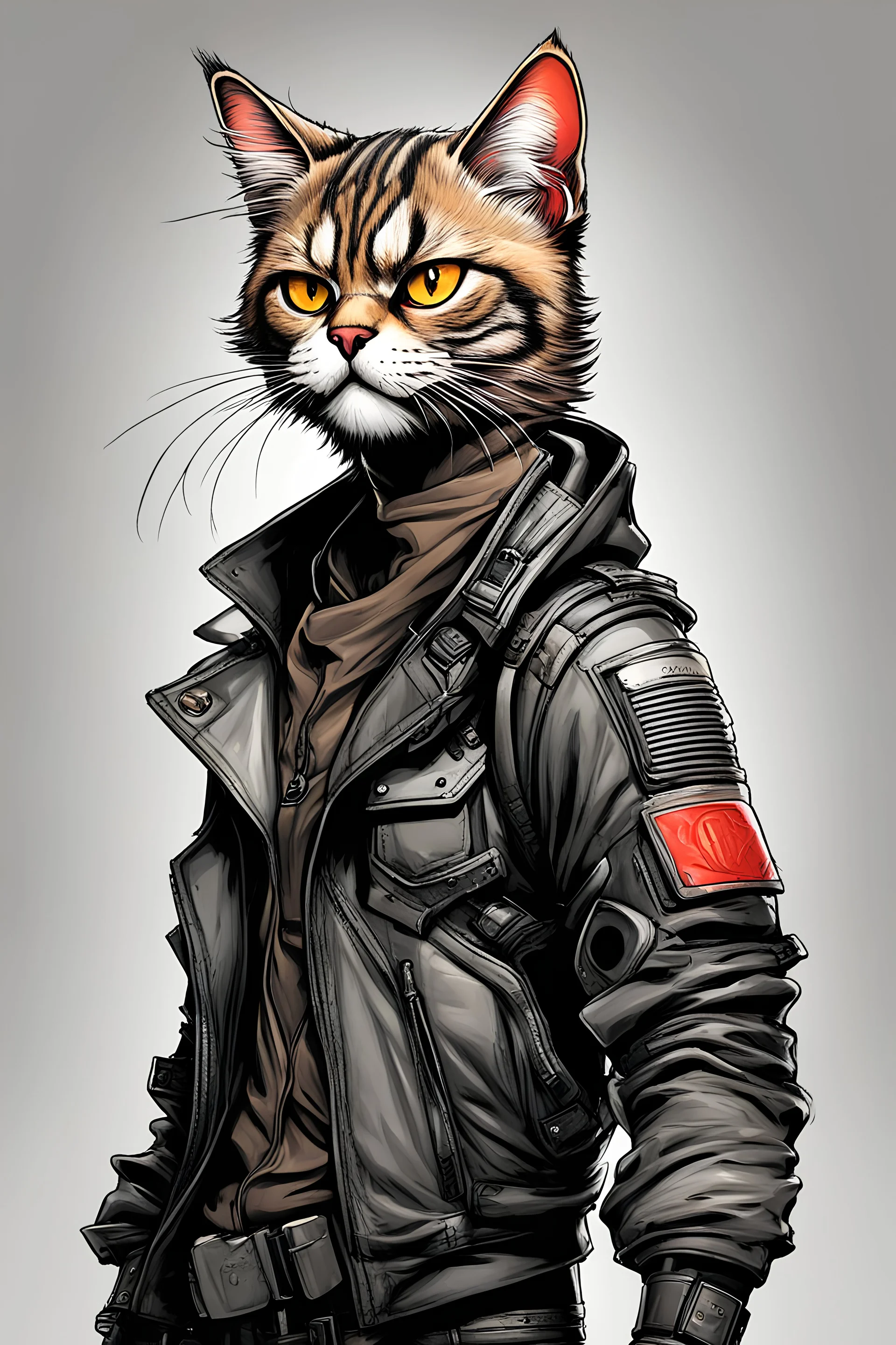 create a wild caricature of a grizzled streetwise cyberpunk female mercenary cat highly detailed with refined feline features in the cartoon caricature style of Gerald Scarfe , precisely drawn, boldly inked, vividly colored, 4k