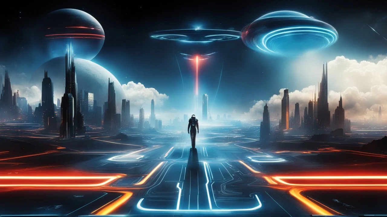 tron legacy movie, city of lights blue, red and yellow , programs, space ships, clouds, planets, creatures