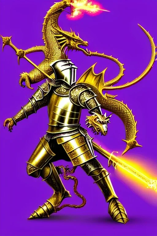 medieval Knight in golden jeweled armor vs dragon, violet color, high detail, sorcery, sparks, mechanical, plasma, treasure, weapons, slithery, legendary