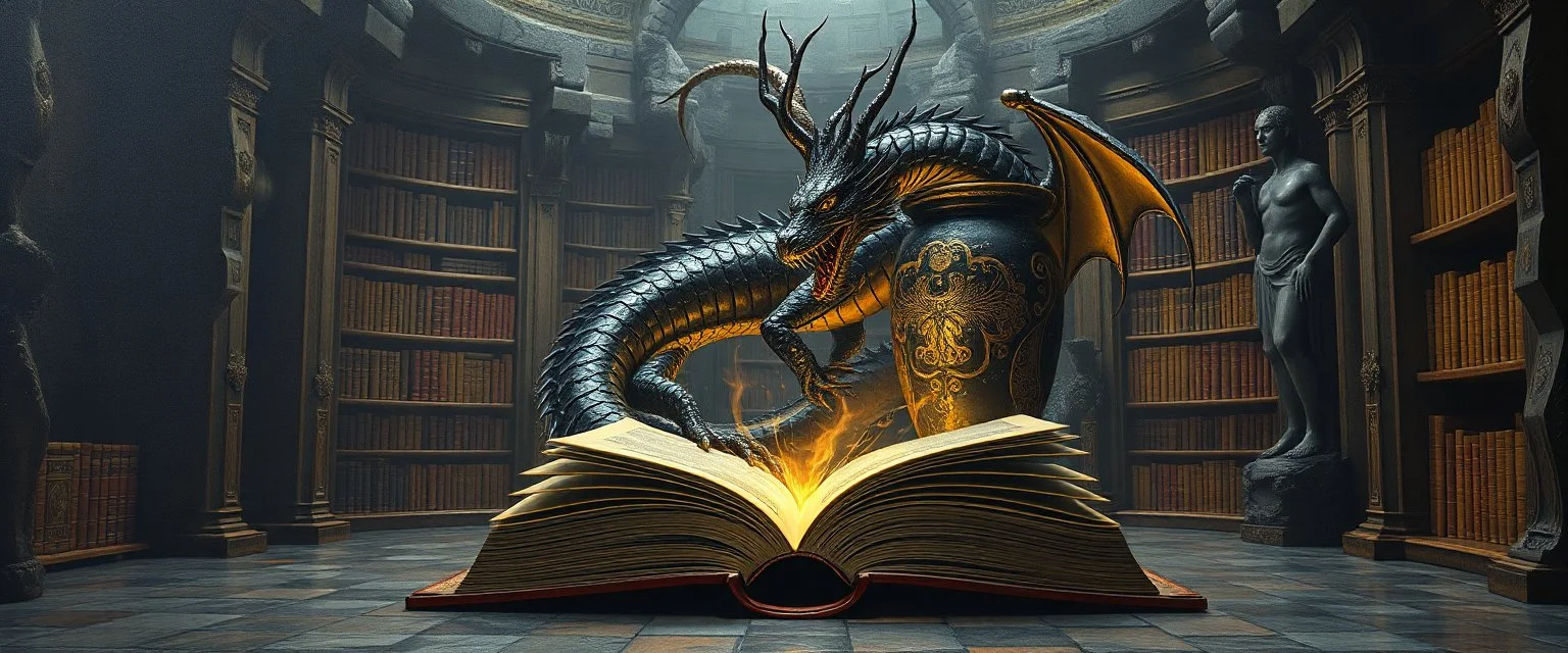 master oil painting by Escher and Giger, ancient library book obsidian black dragon inside huge vase and gold, master 3d models