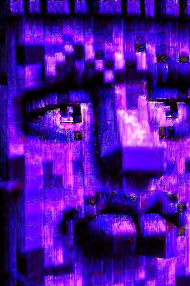 a close-up portrait of a purple Minecraft face, lipstick and eyelashes, 3d, large pixel style