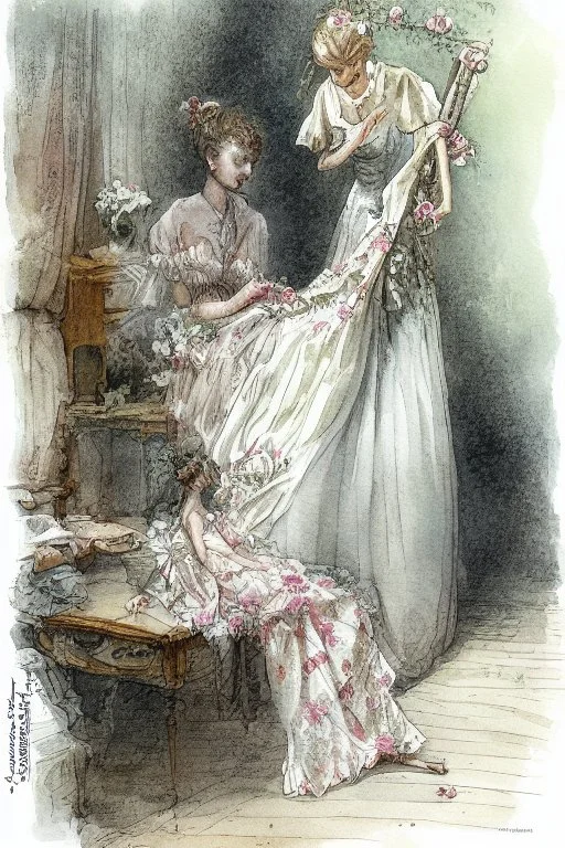 beautiful woman in romantic floral dress is ironing in a luxurious room by Jean-Baptiste Monge, watercolor and ink