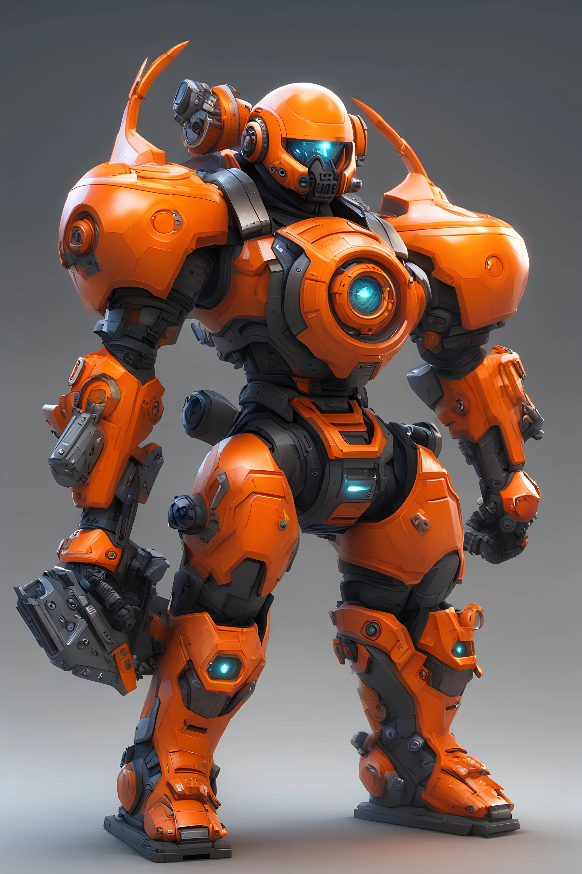 orange futuristic juggernaut with dual plasma battle axe and 4 plasma canon in the back