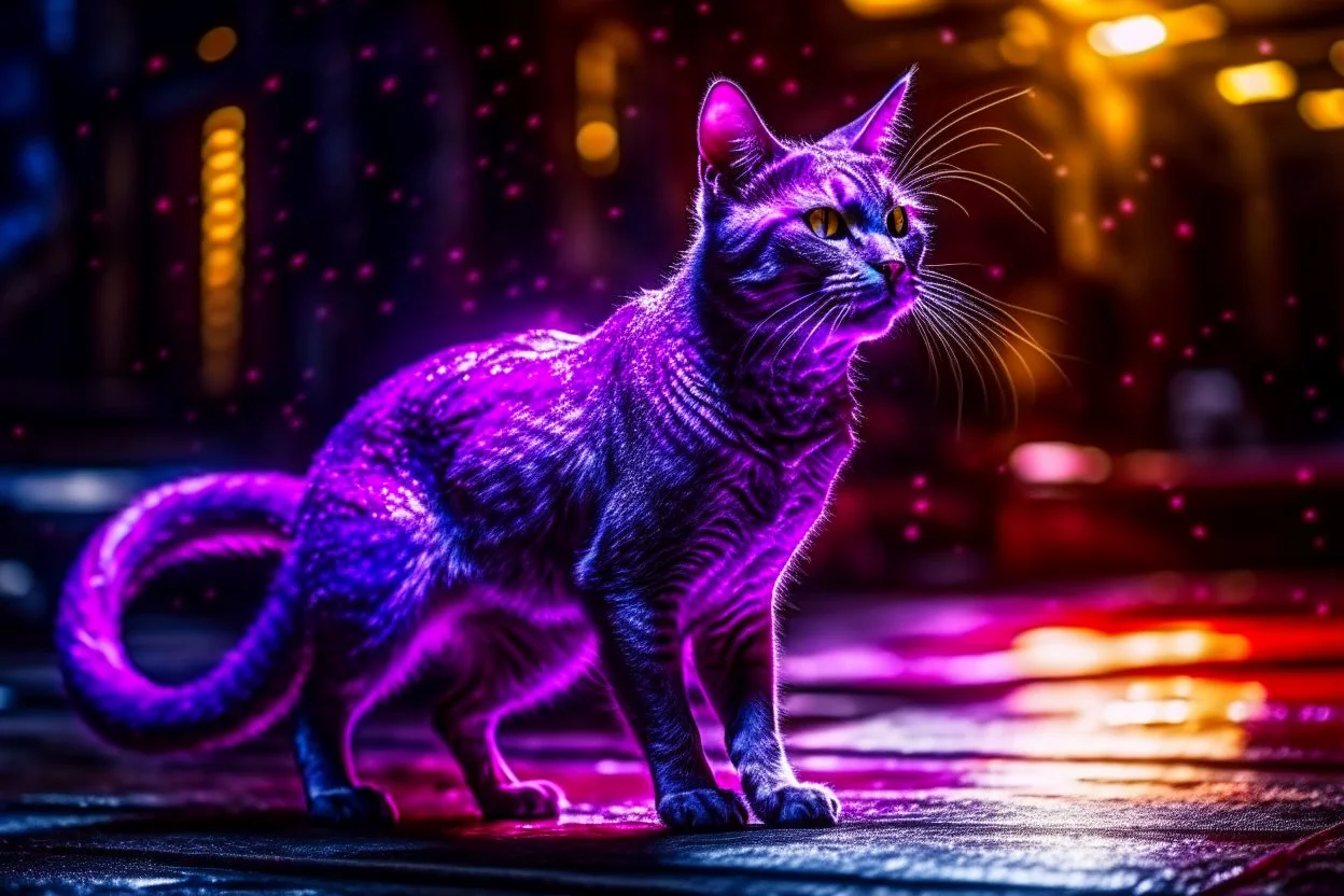 A hyper-realistic ,A purple cat walking in space, the space is colorful, a fairy tale look, the cat is smiling, Photo Real, HOF, full size, practicality,manufacturability,performance, (((realism, realistic, realphoto, photography, portrait, realistic, elegant, charming, apocalyptic environment, professional photographer, captured with professional DSLR camera, trending on Artstation, 64k, ultra de